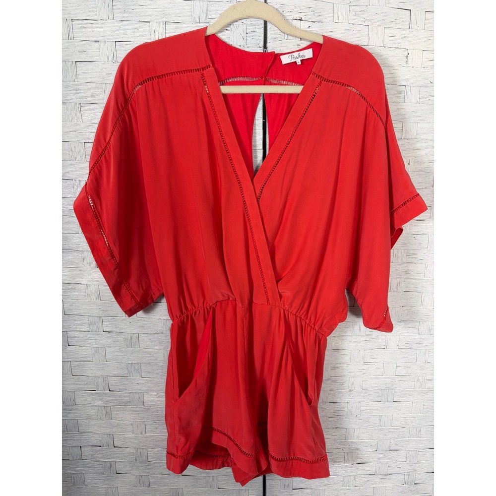 Parker Womens Romper 100% Silk Wrap Front Ladder Lace Trim travel lightweight